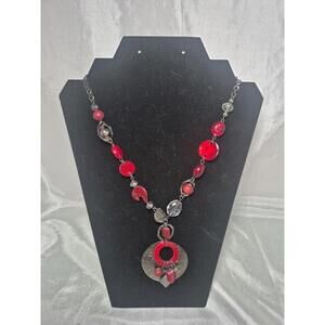 Red Beaded And Brushed Gunmetal Necklace 18"-21" Adjustable Fashion Jewelry